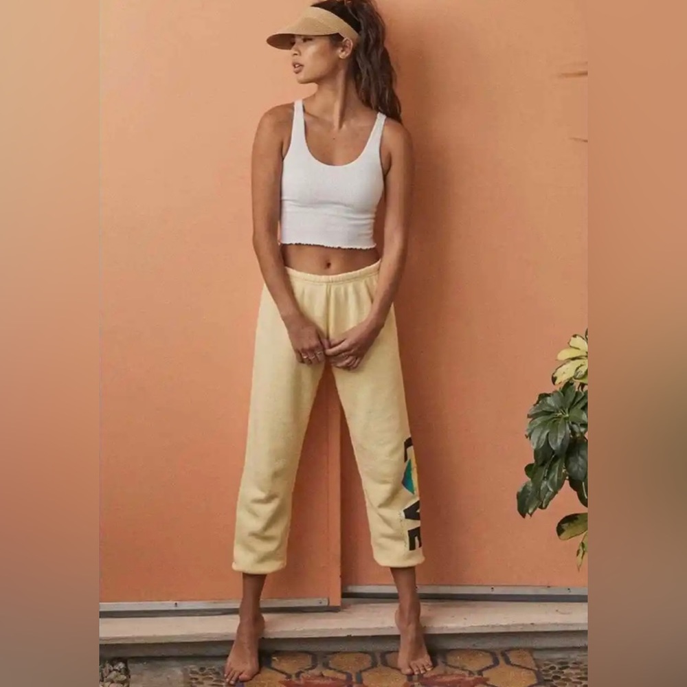 Spiritual Gangster WOMEN'S SMALL Love Perfectly Yellow Terry Graphic Sweatpants